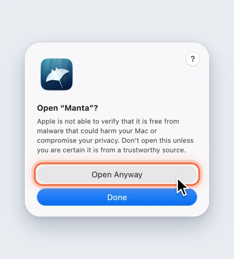 The macOS question Open “Manta”?, with the Open Anyway button highlighted