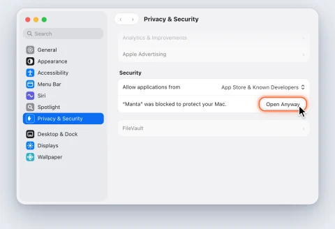 System Settings, Privacy & Security: the Open Anyway button next to the note about Manta is highlighted