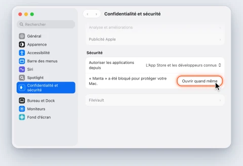 Réglages Système, Confidentialité et sécurité : le bouton Ouvrir quand même à côté de la remarque sur Manta est mis en évidence