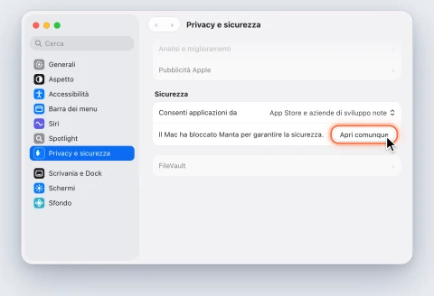 Impostazioni di Sistema, Privacy e sicurezza: il pulsante Apri comunque accanto all’avviso su Manta è evidenziato