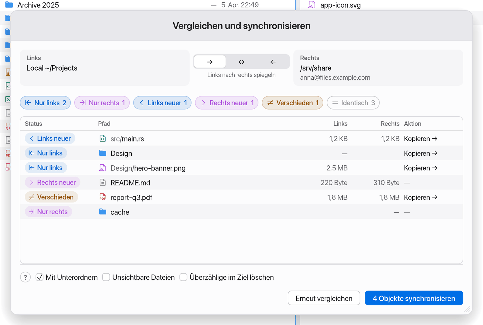Fenster „Vergleichen und synchronisieren“