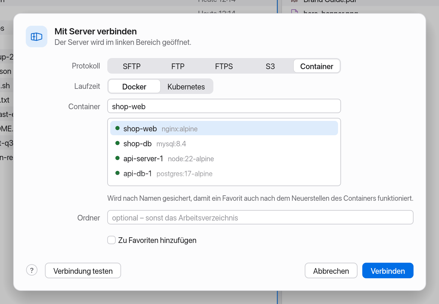 Container-Auswahl im Verbindungsdialog