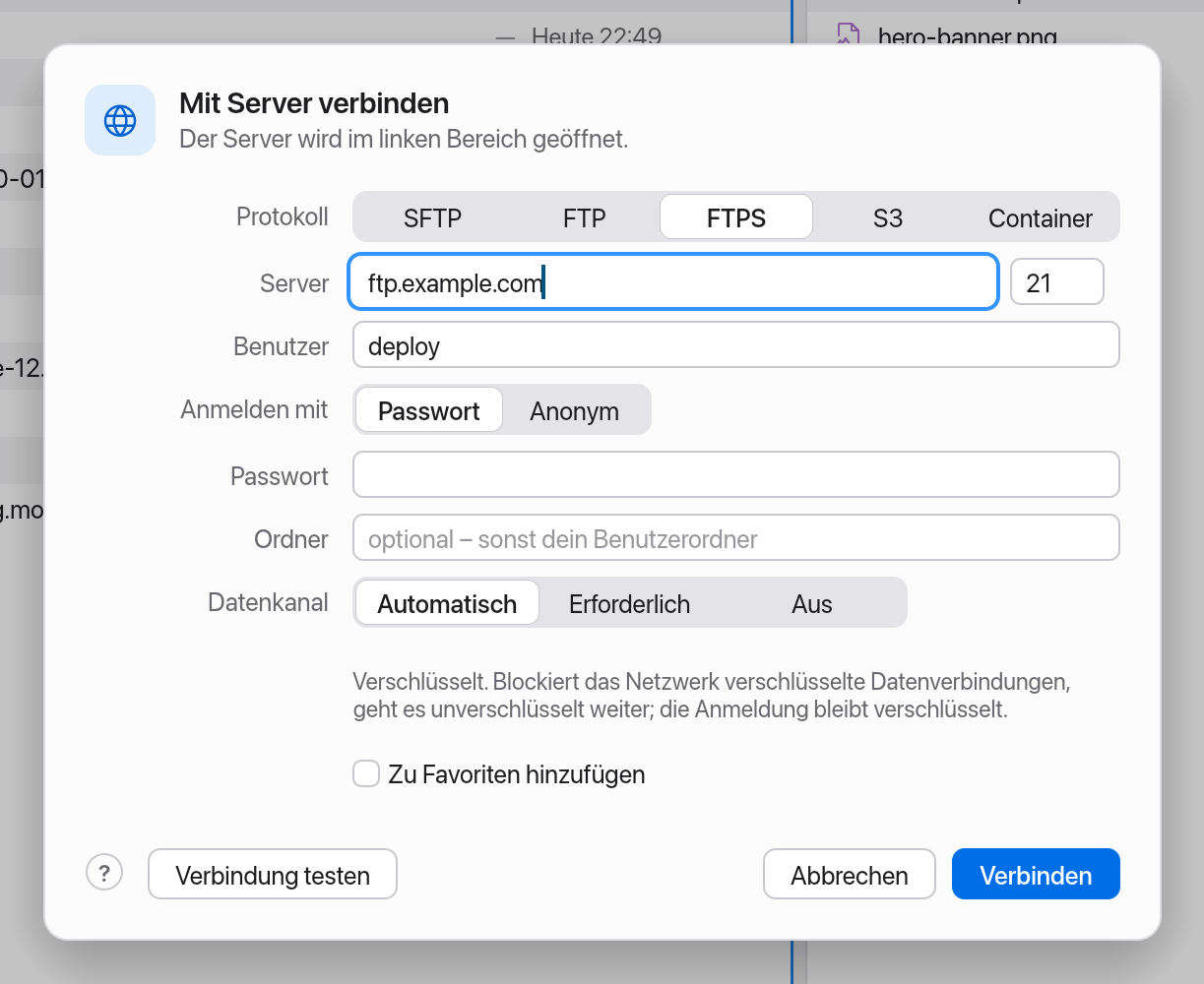 FTPS-Dialog mit Datenkanal-Auswahl