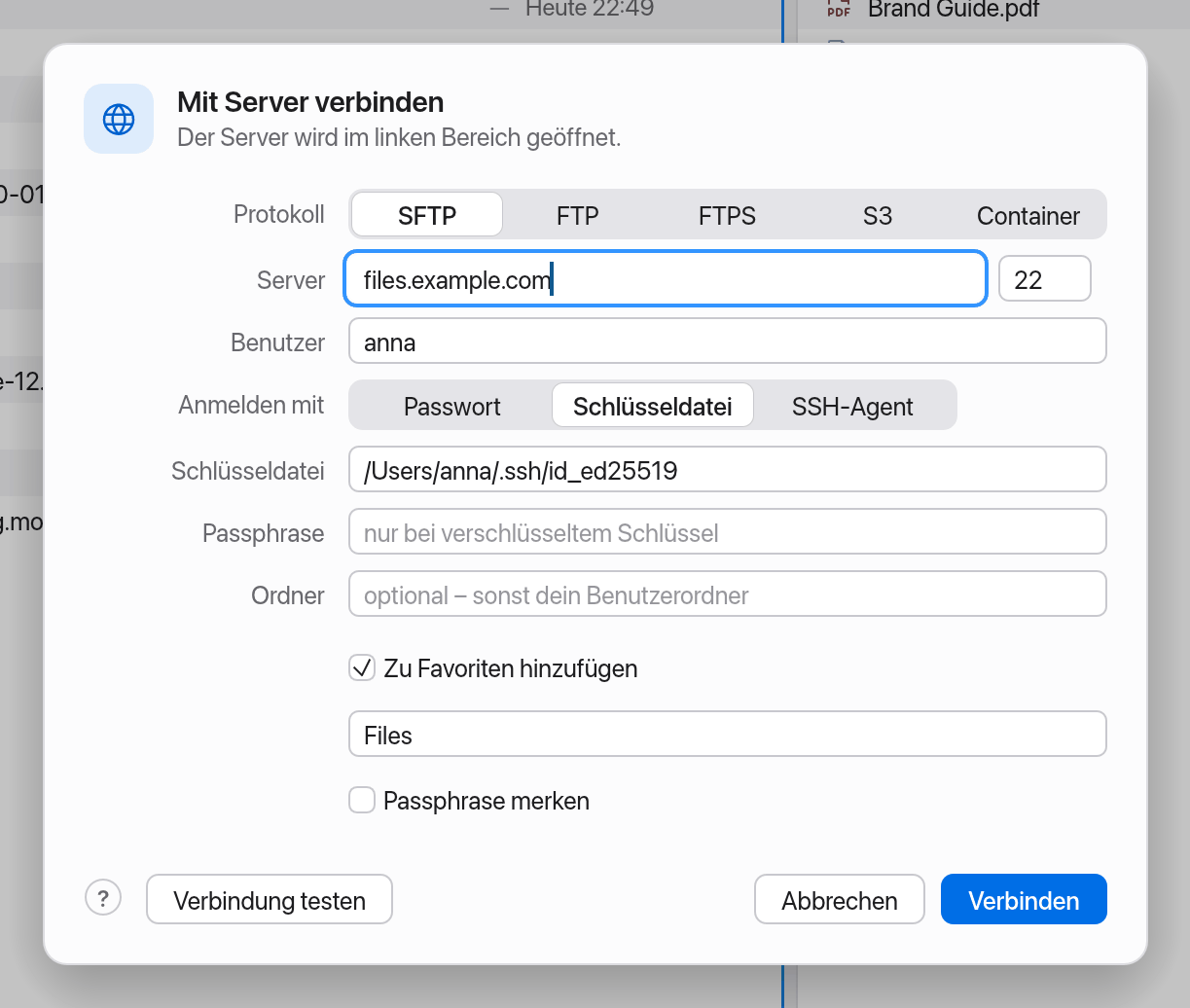 Dialog „Mit Server verbinden“ für SFTP