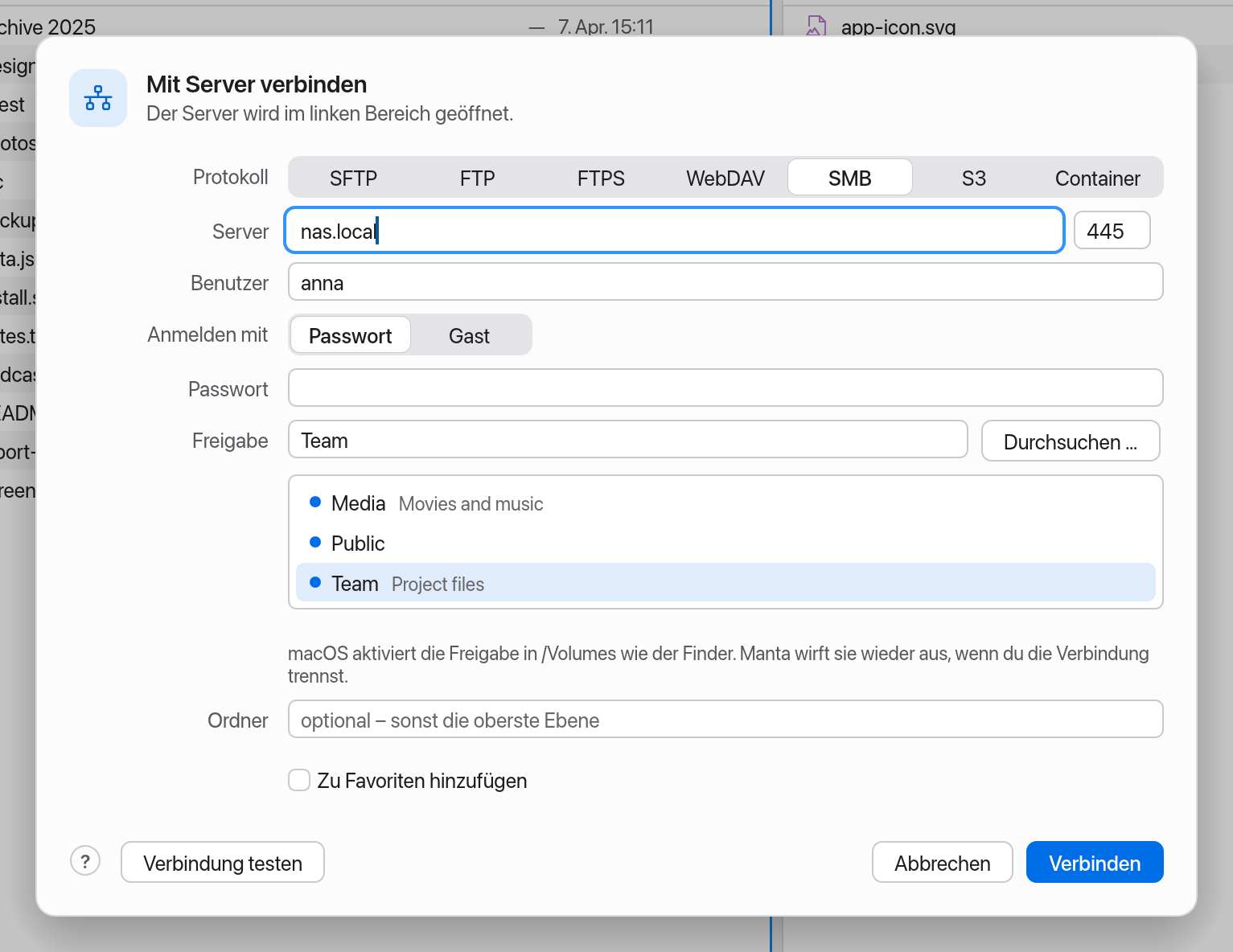 Verbindungsdialog für SMB mit der Liste der Freigaben