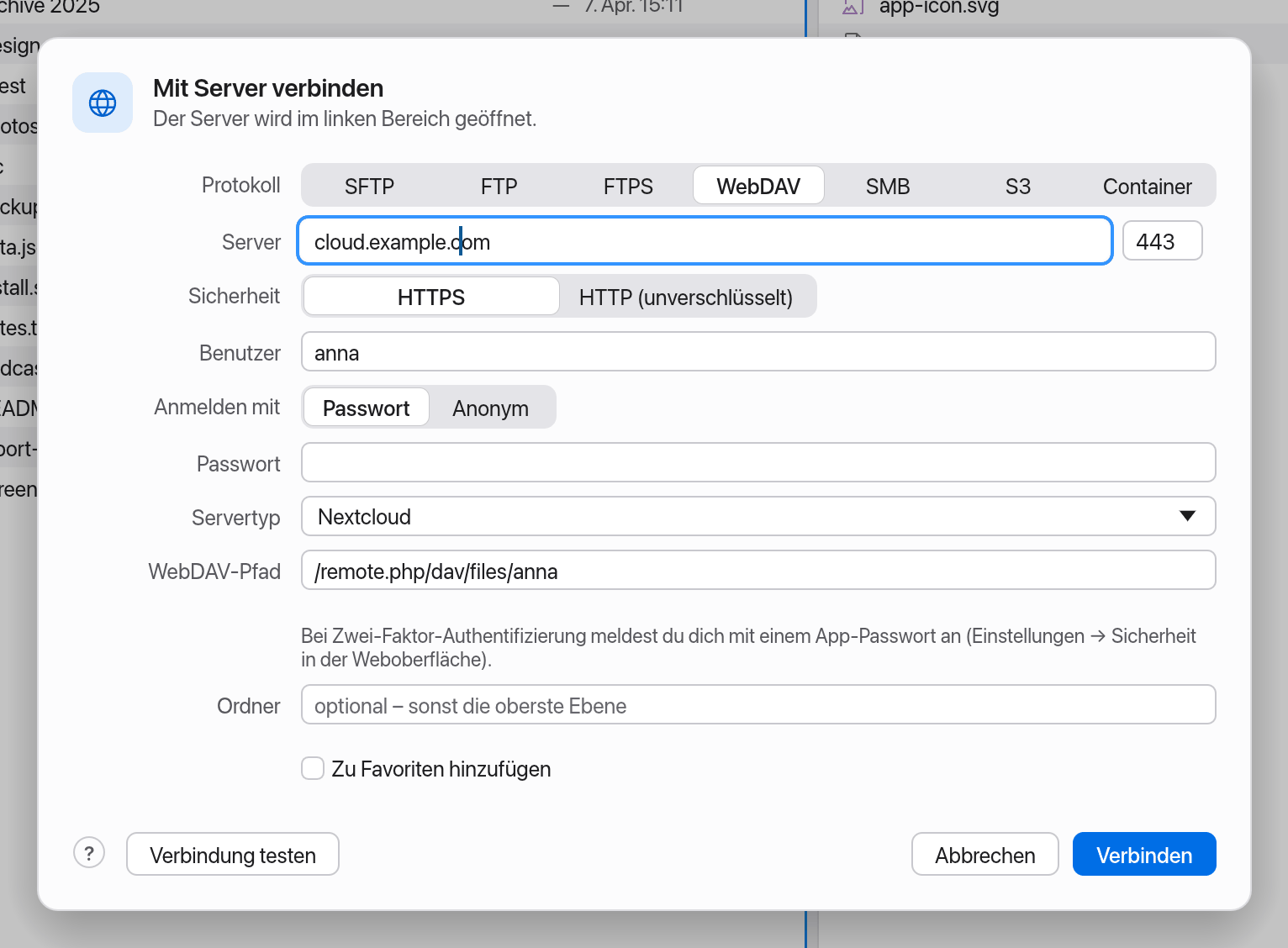 Verbindungsdialog für WebDAV mit der Nextcloud-Vorgabe