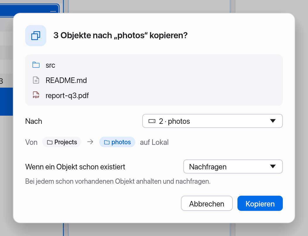 Kopieren-Dialog mit Ziel und Konfliktwahl