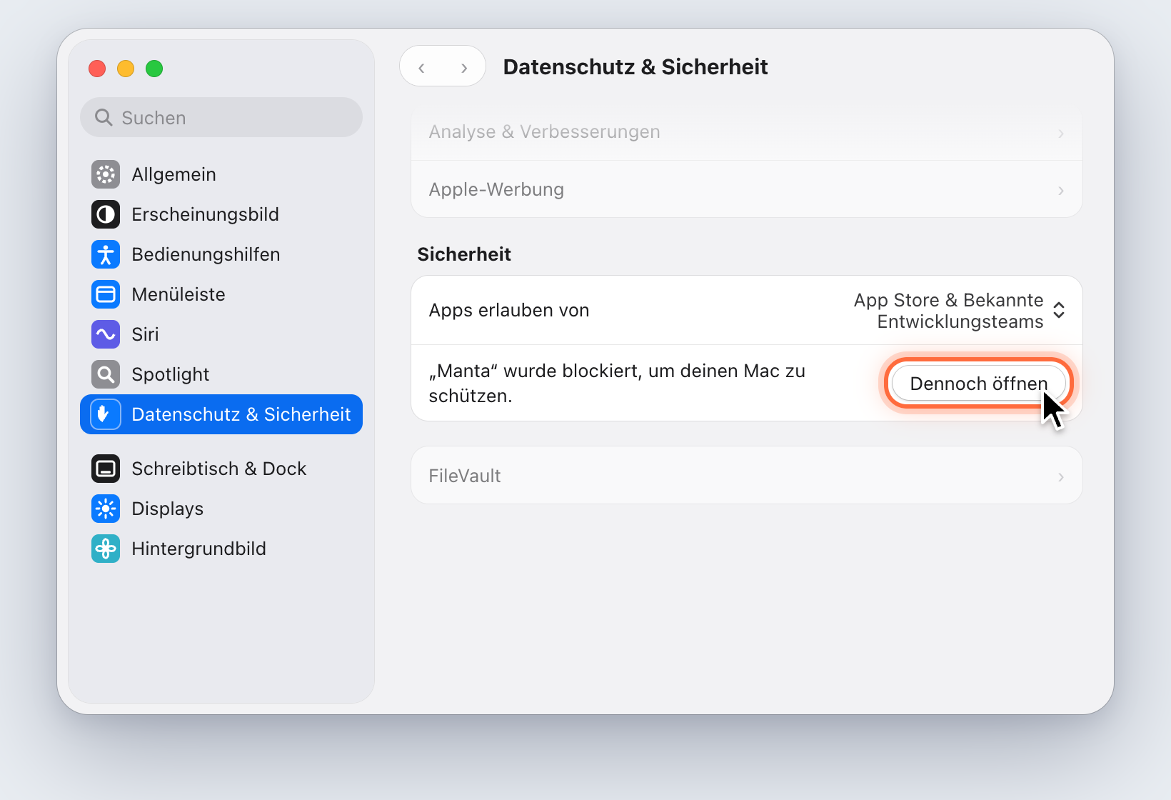 Systemeinstellungen, Datenschutz & Sicherheit: die Taste Dennoch öffnen neben dem Hinweis zu Manta