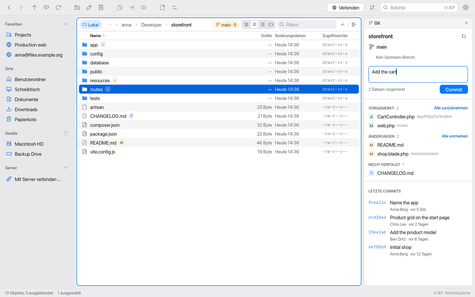 Dateiliste mit Git-Abzeichen und Git-Panel