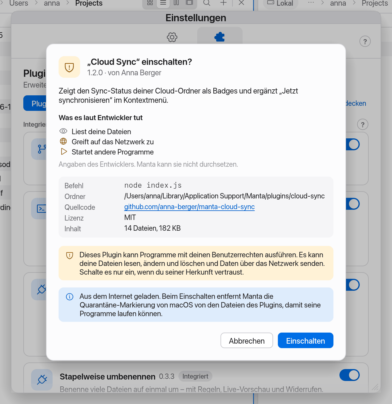 Rückfrage beim Einschalten eines externen Plugins