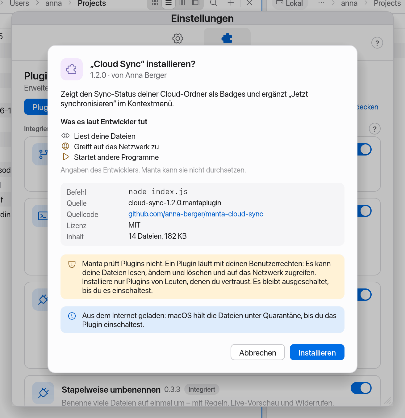 Übersicht vor dem Installieren eines Plugins