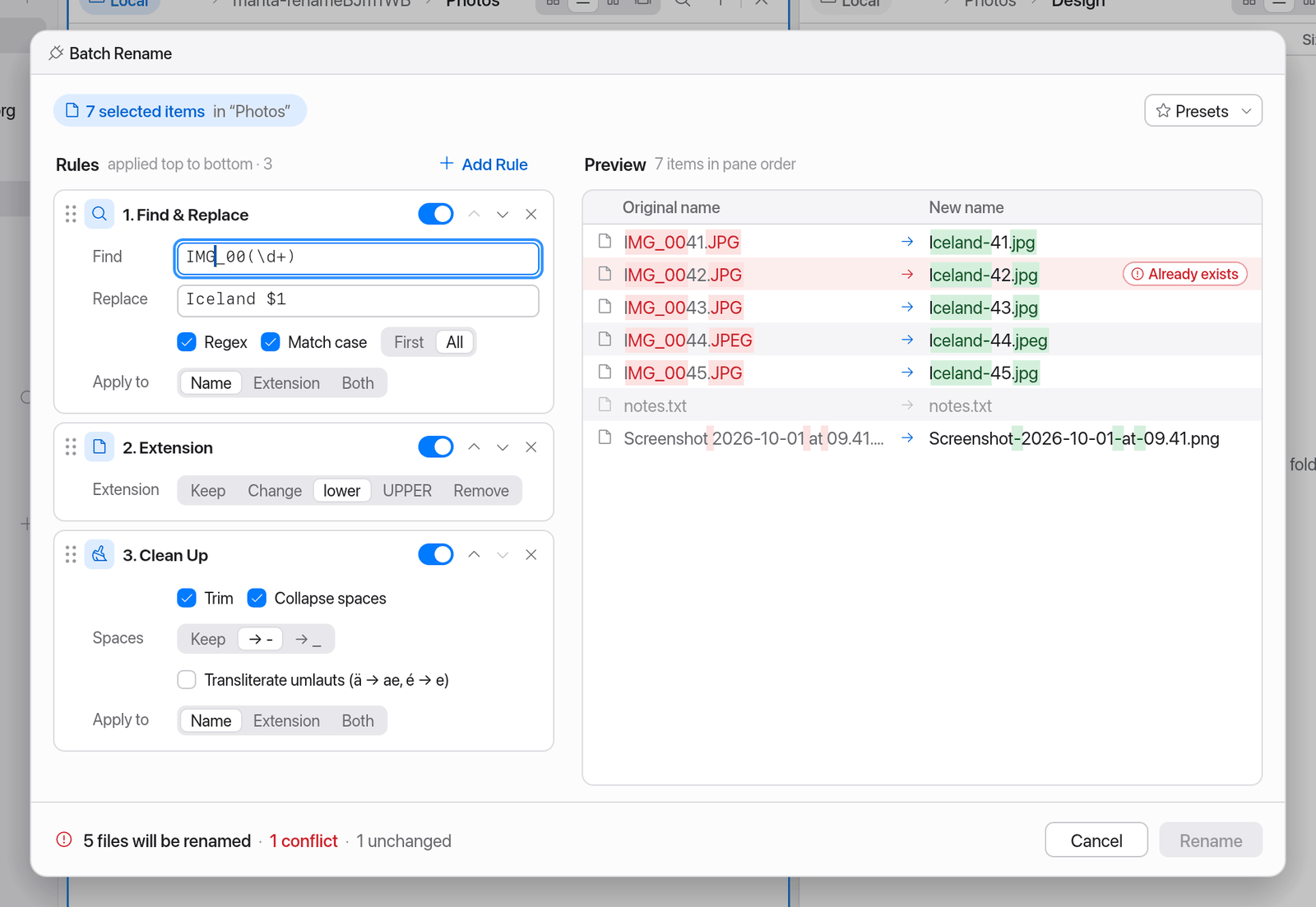 Batch Rename with rules and preview