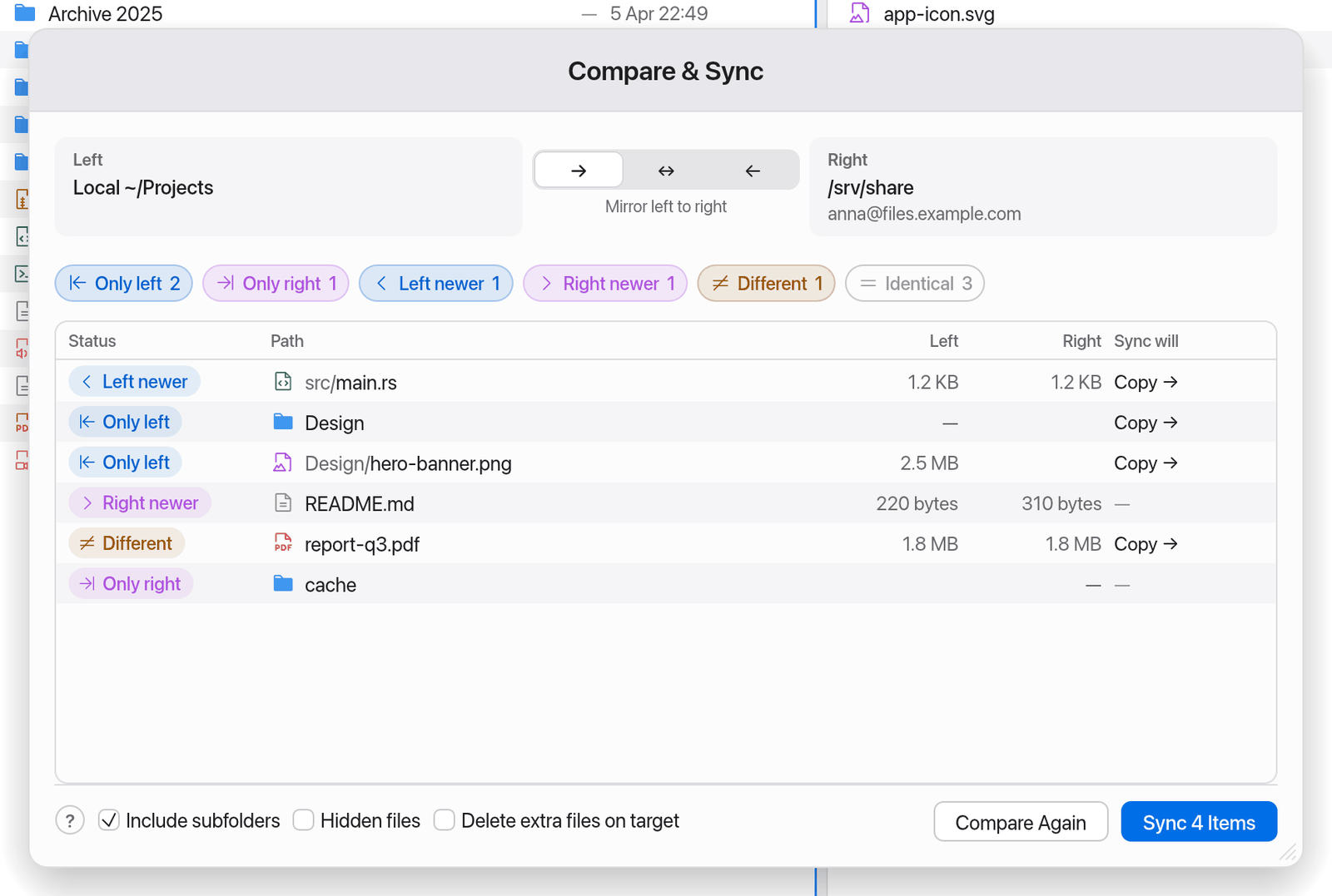 The Compare & Sync window