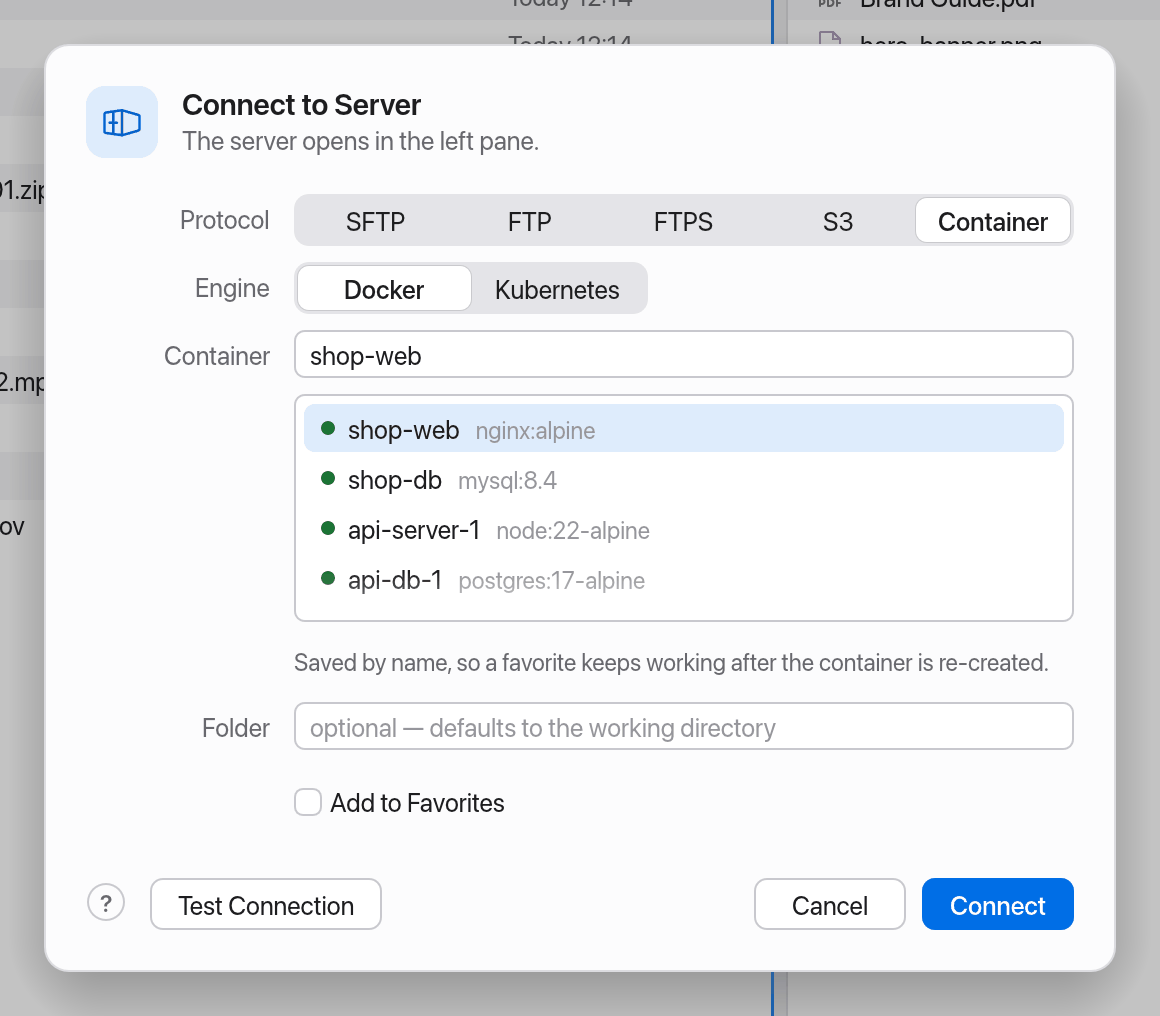 Container picker in the connection dialog