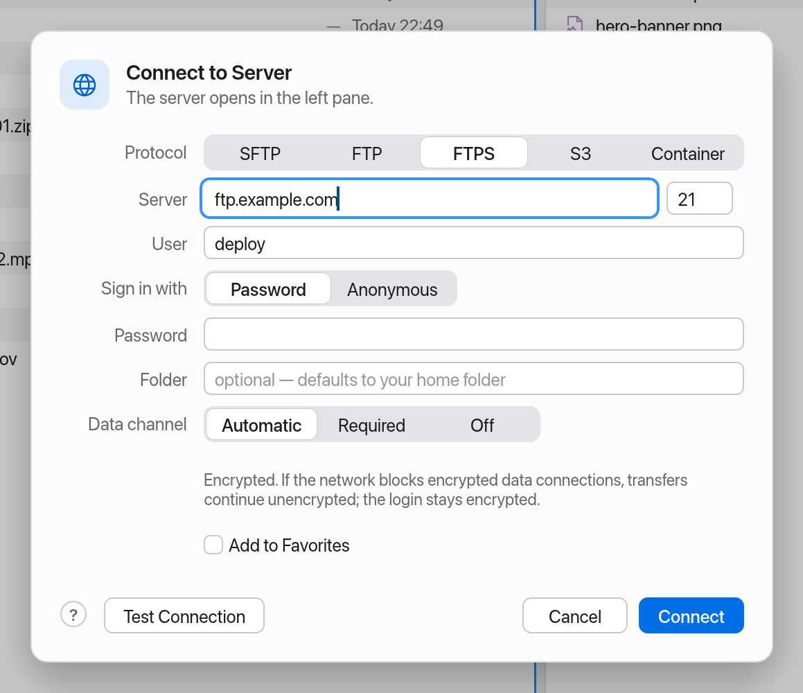 FTPS dialog with the data channel choice