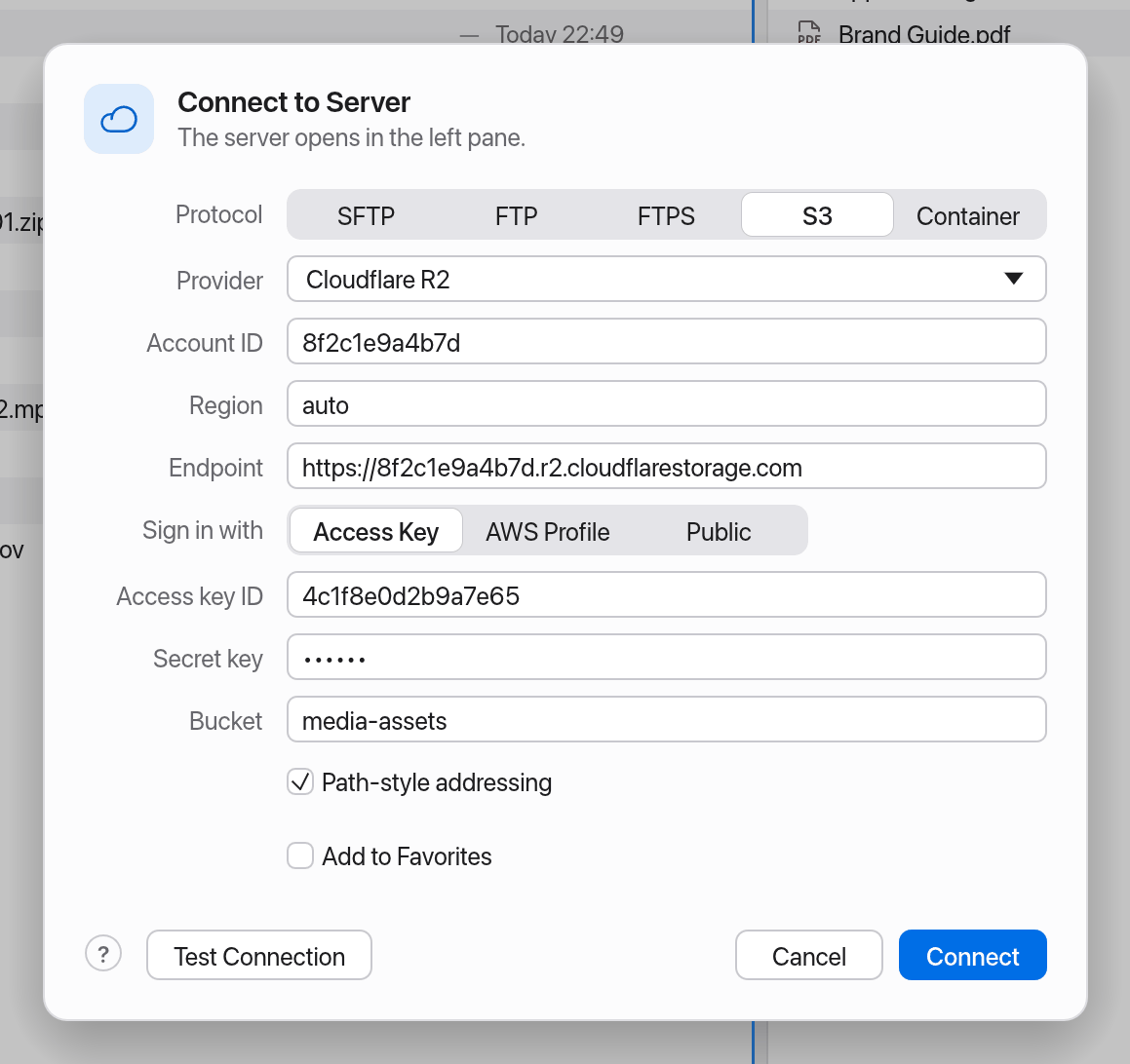 S3 dialog with a provider preset