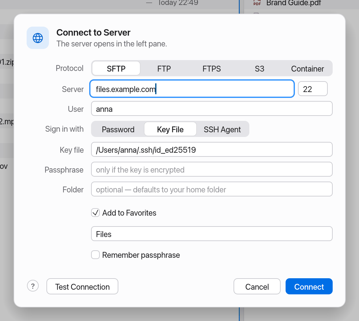 The Connect to Server dialog for SFTP
