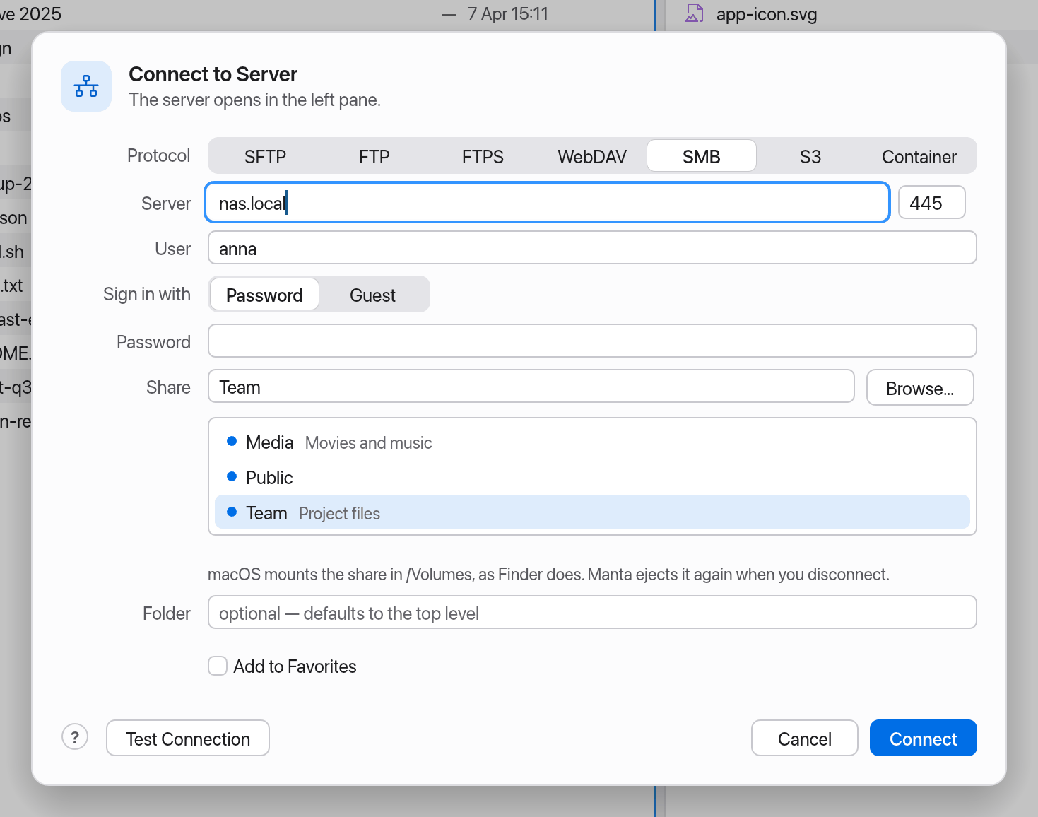 Connect dialog for SMB with the list of shares