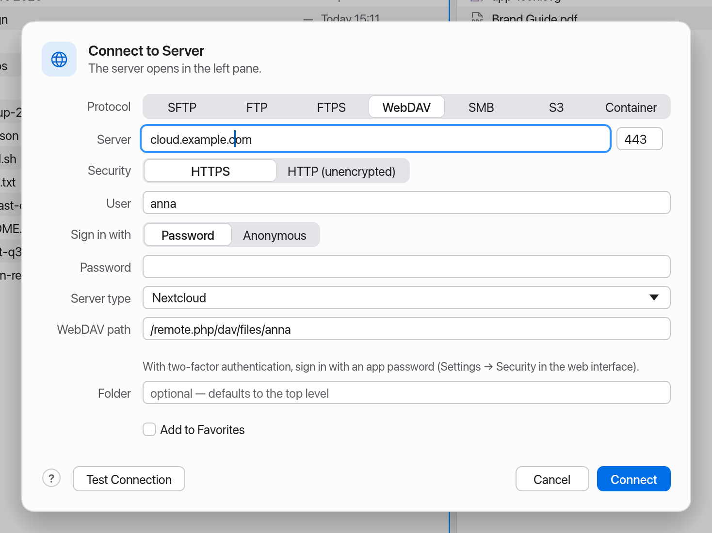 Connect dialog for WebDAV with the Nextcloud preset