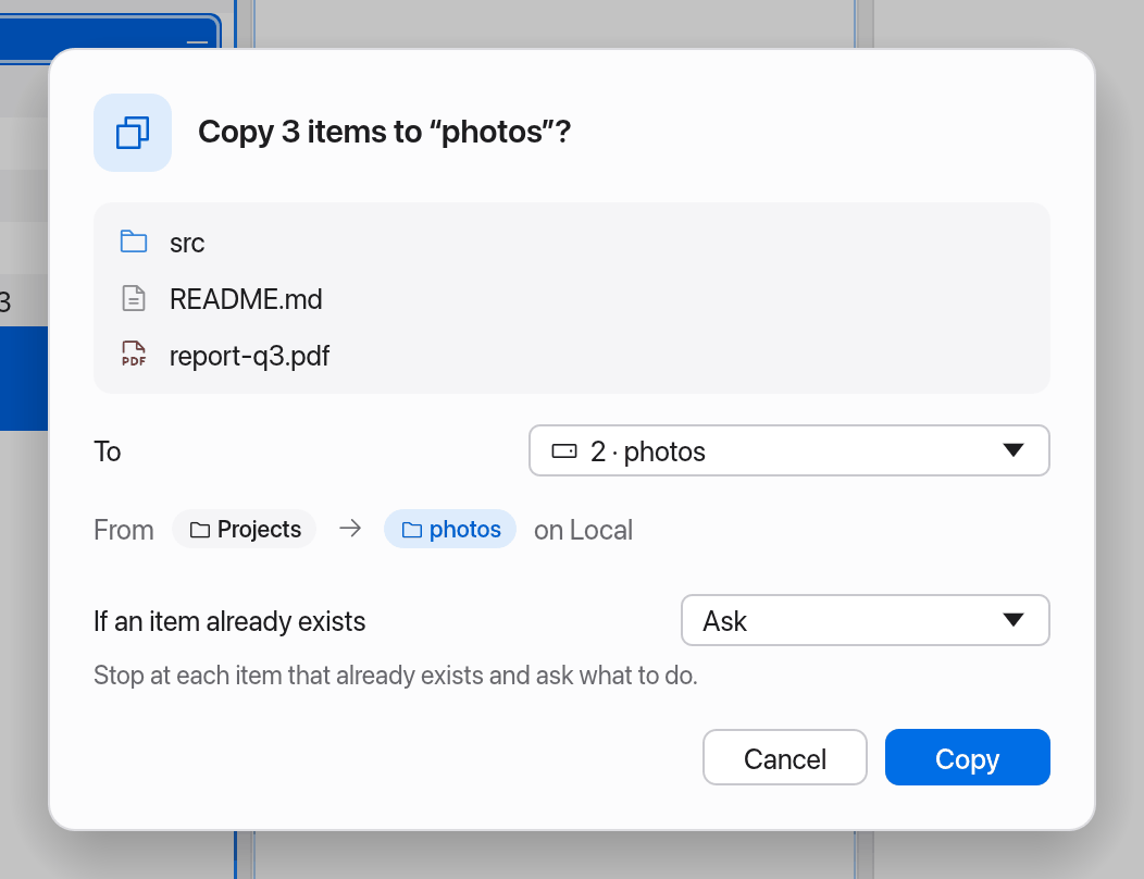 Copy dialog with target and conflict choice
