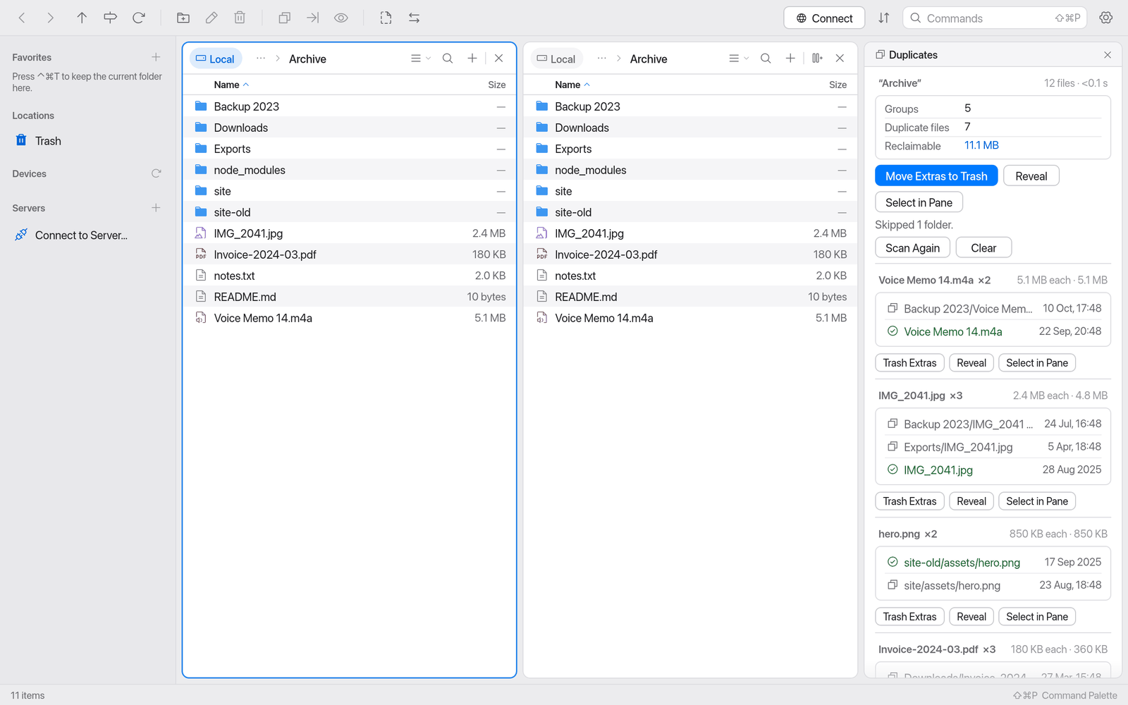 Duplicates panel with groups