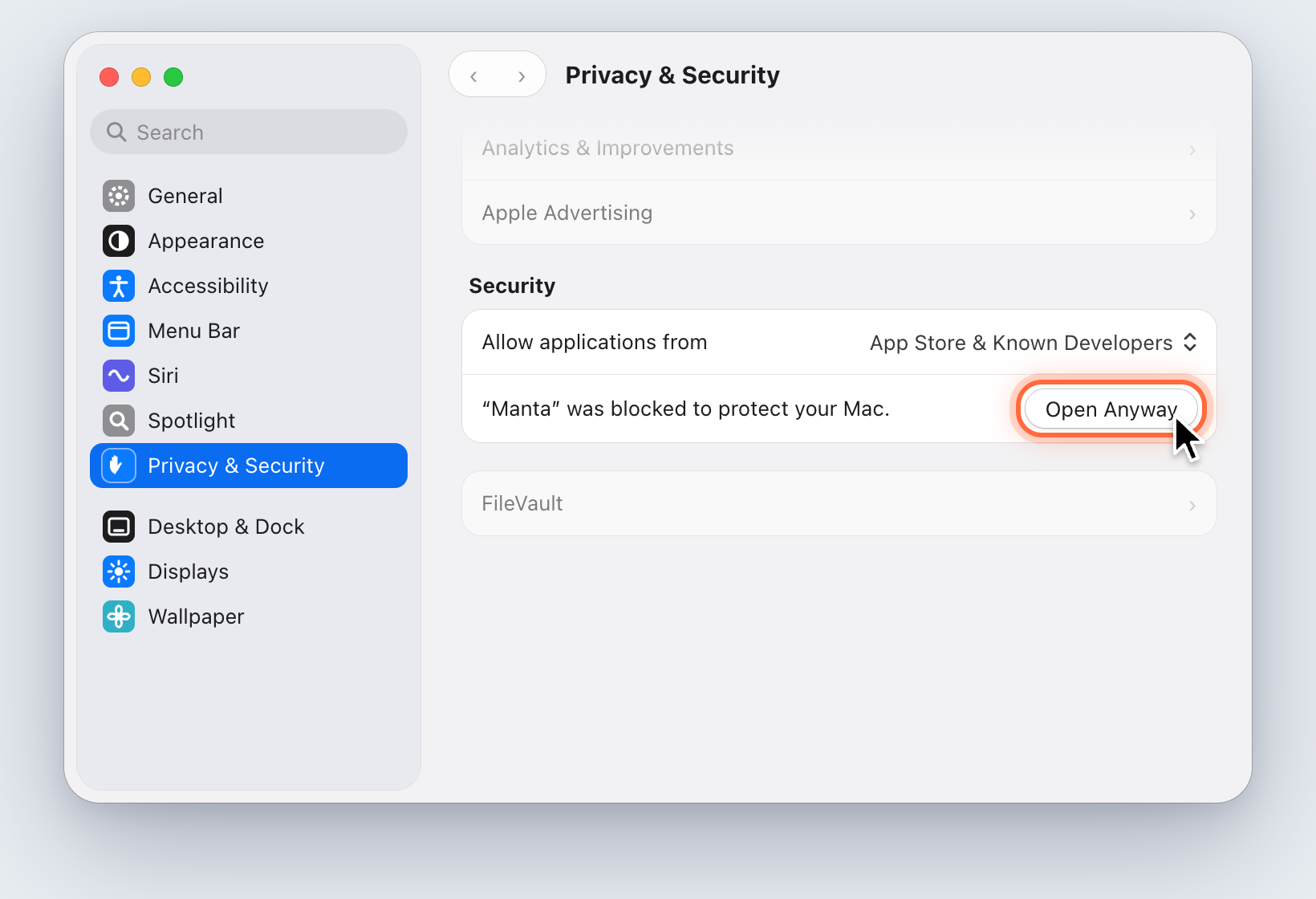 System Settings, Privacy & Security: the Open Anyway button next to the note about Manta
