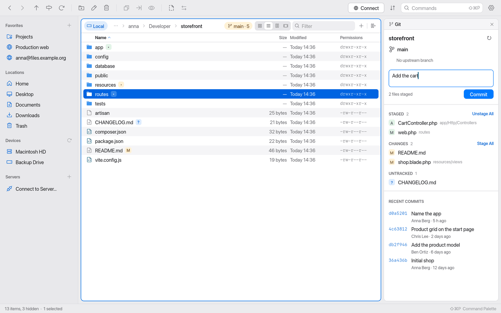 File list with Git badges and the Git panel