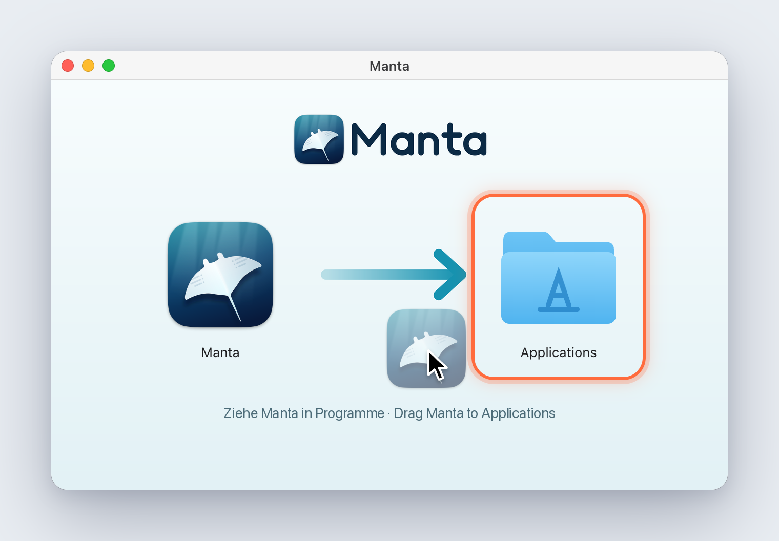La finestra dell’immagine disco: Manta viene trascinato sulla cartella Applications, evidenziata