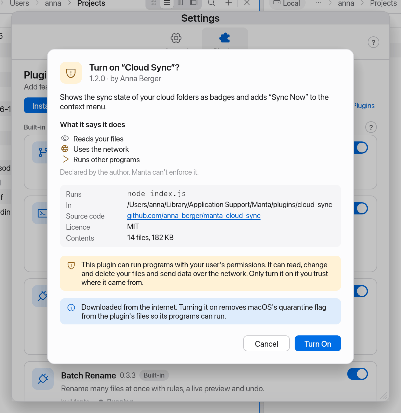 Confirmation when turning on an external plugin