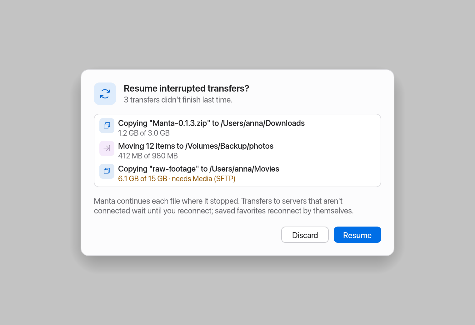 The "Resume interrupted transfers?" prompt
