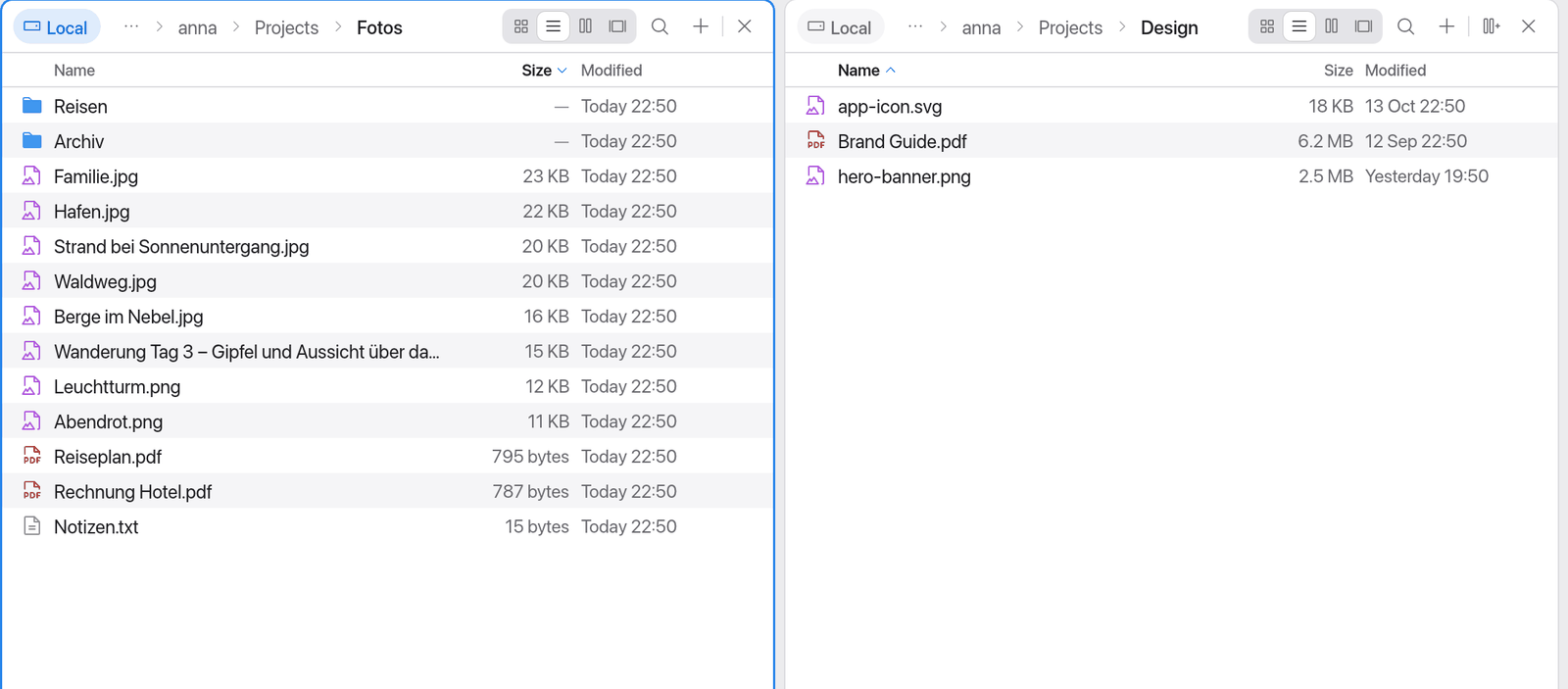 List view sorted by size