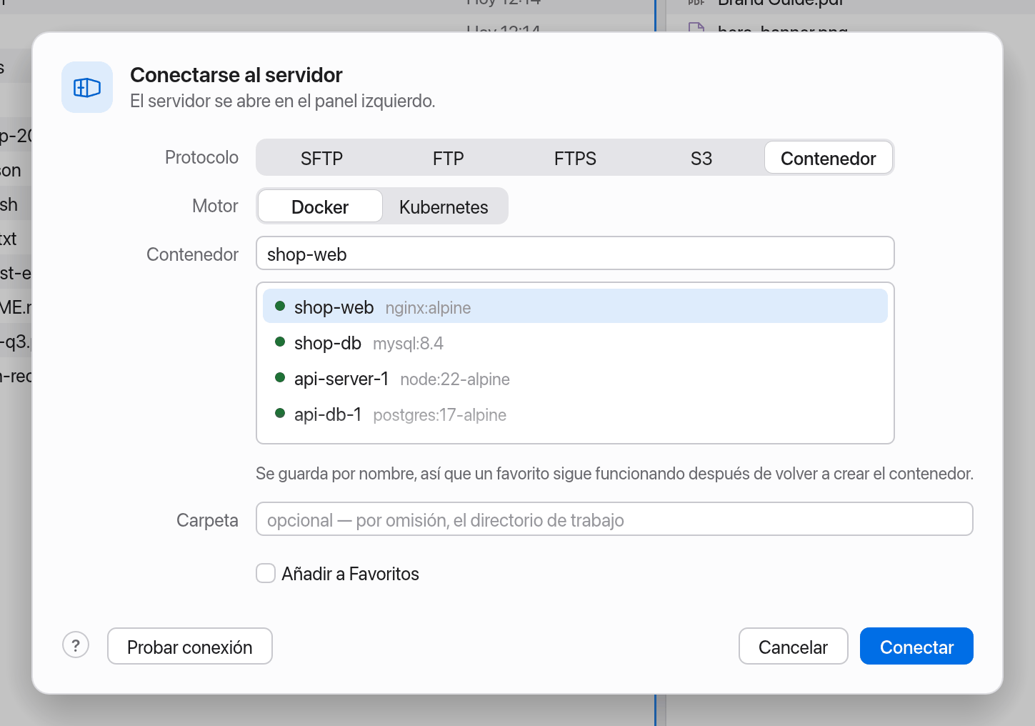 Selector de contenedores en el diálogo de conexión