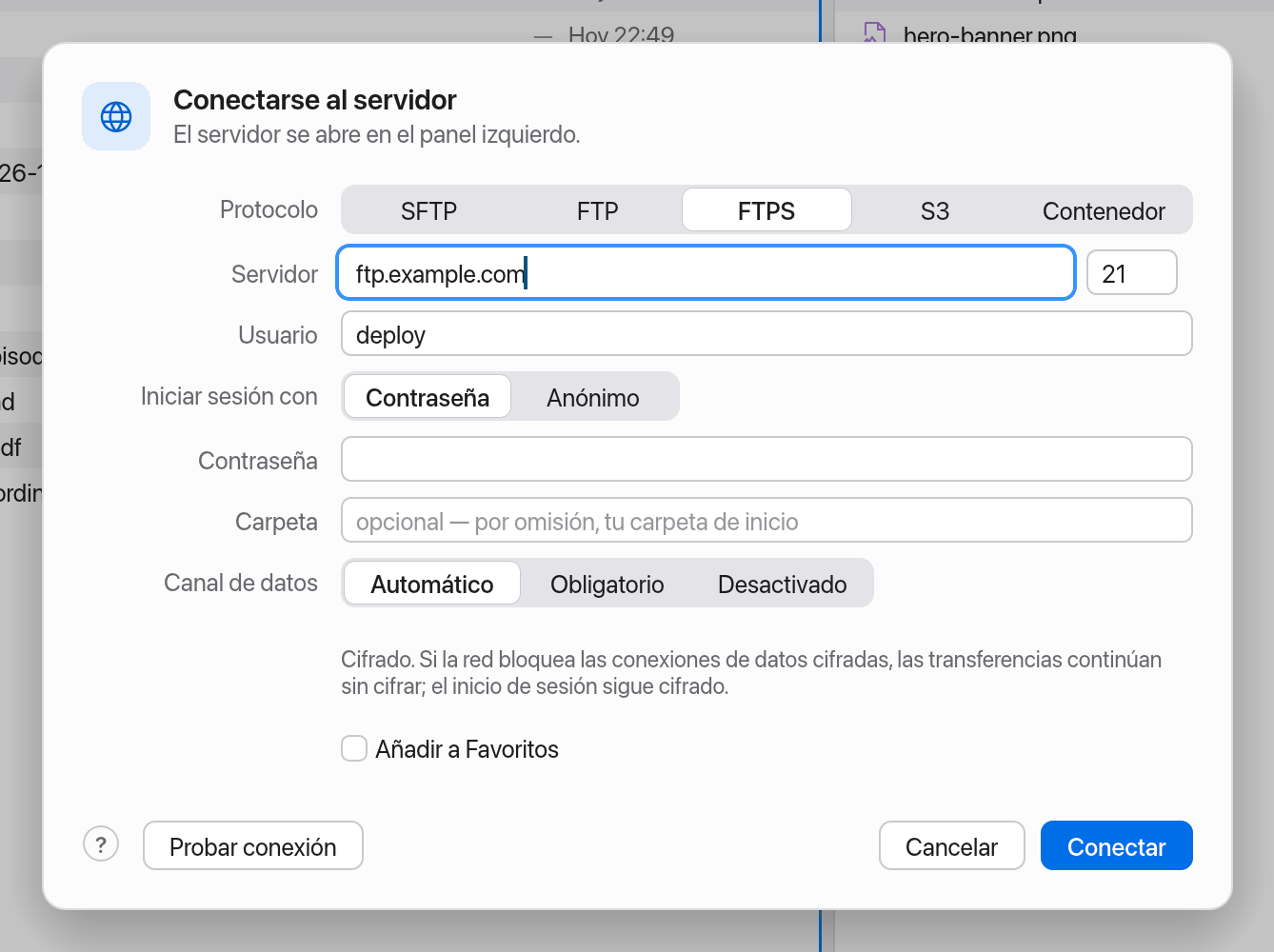 Diálogo FTPS con la opción del canal de datos