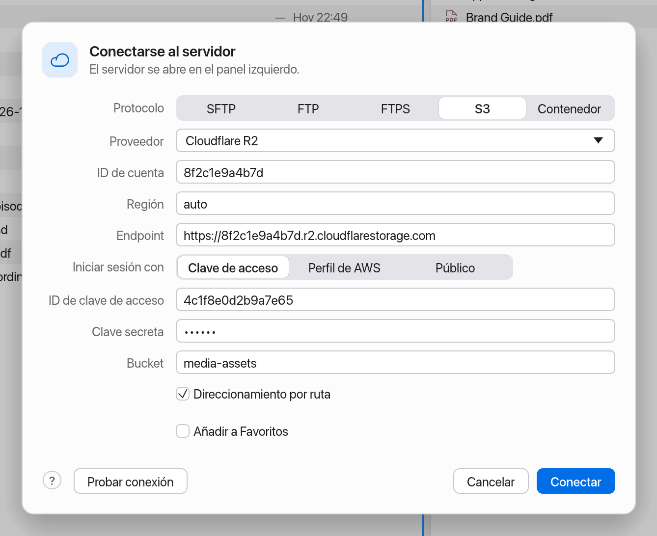 Diálogo S3 con un preajuste de proveedor