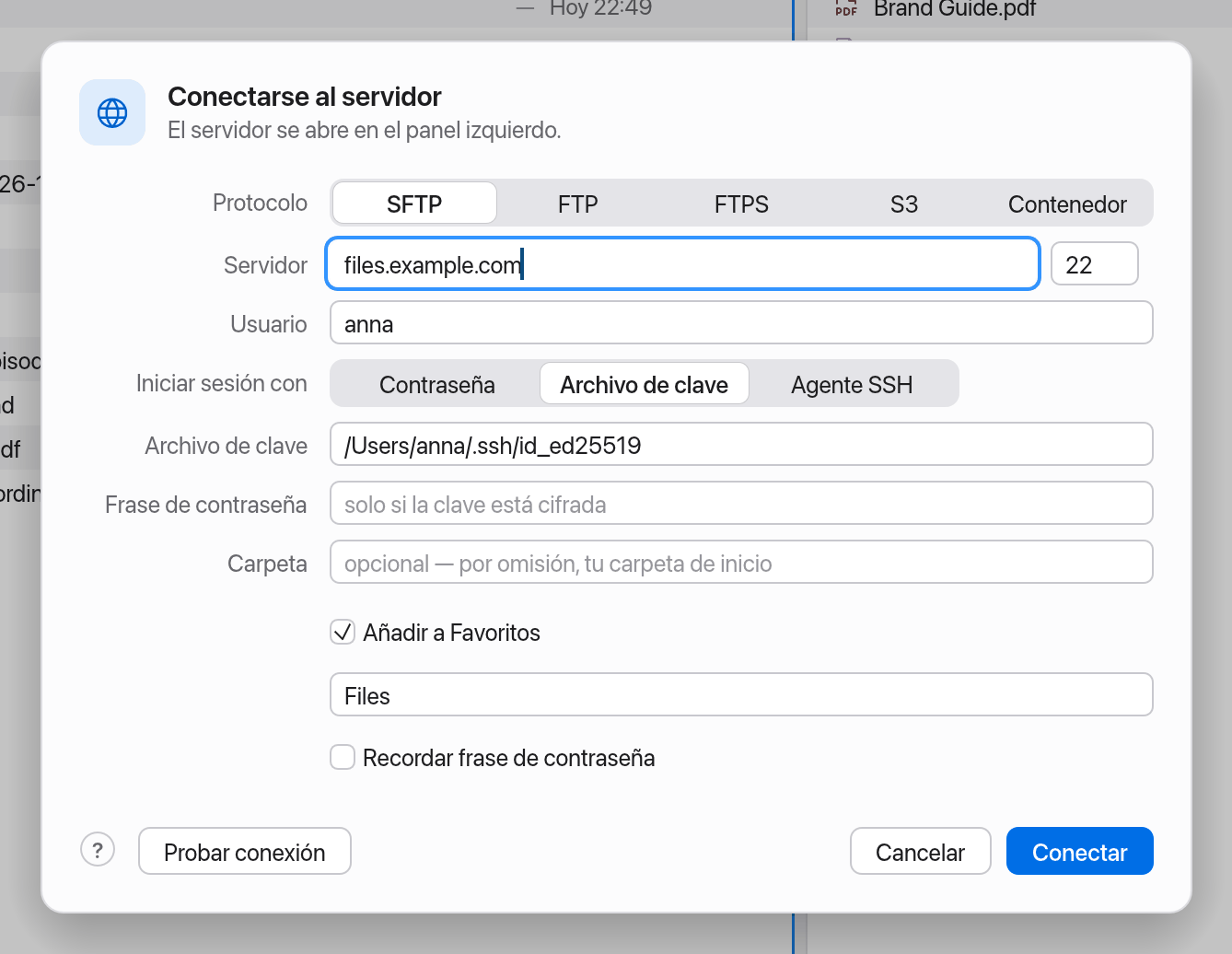El diálogo Conectarse al servidor para SFTP