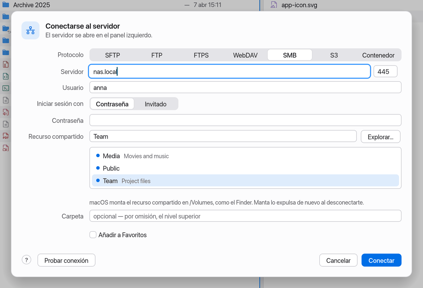 Diálogo de conexión para SMB con la lista de recursos compartidos