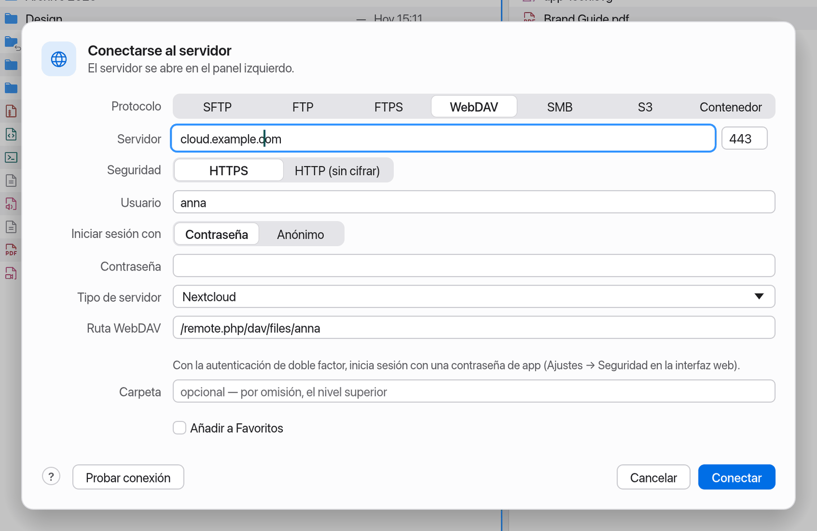Diálogo de conexión para WebDAV con el ajuste de Nextcloud