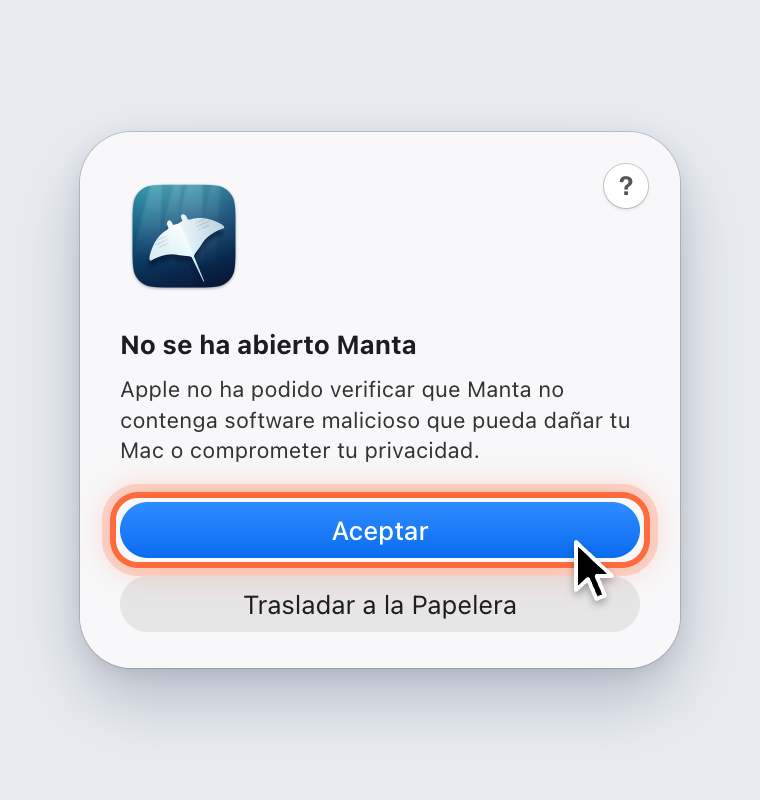 El mensaje No se ha abierto Manta con los botones Aceptar y Trasladar a la Papelera; Aceptar está marcado