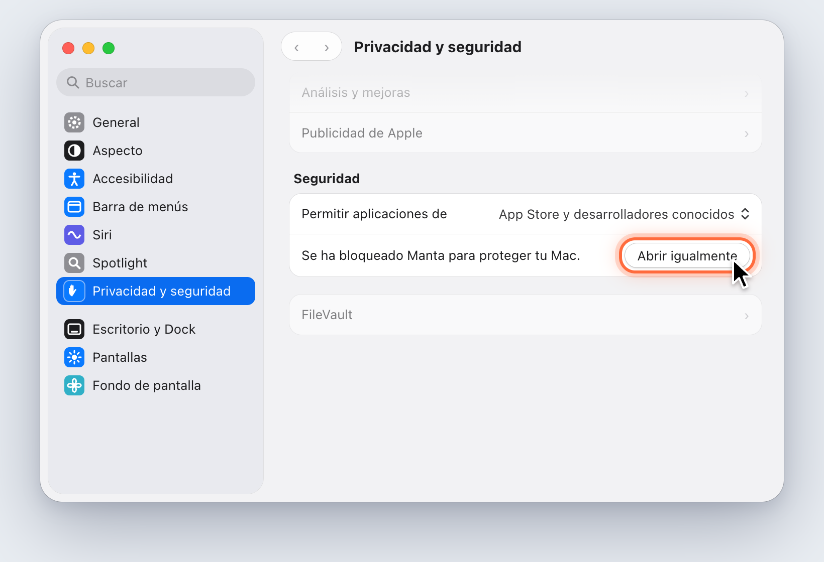 Ajustes del Sistema, Privacidad y seguridad, sección Seguridad: el botón Abrir igualmente junto al aviso sobre Manta está marcado