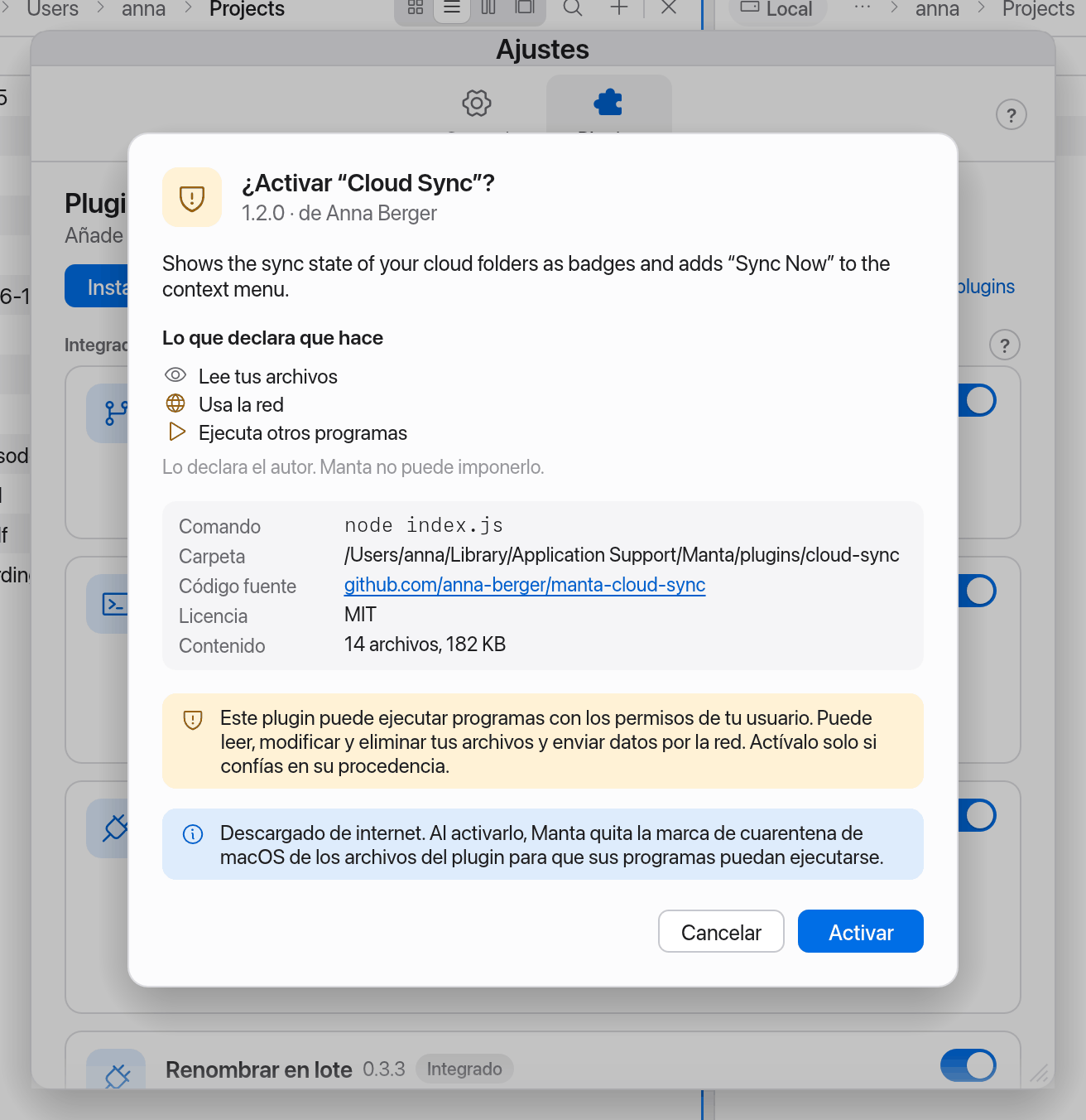Confirmación al activar un plugin externo
