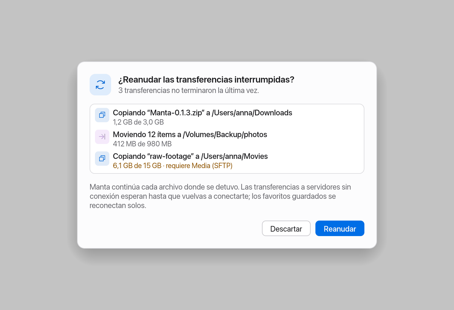 La pregunta “¿Reanudar las transferencias interrumpidas?”