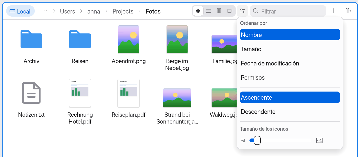 Selector de visualización y Opciones de visualización en la barra de ruta