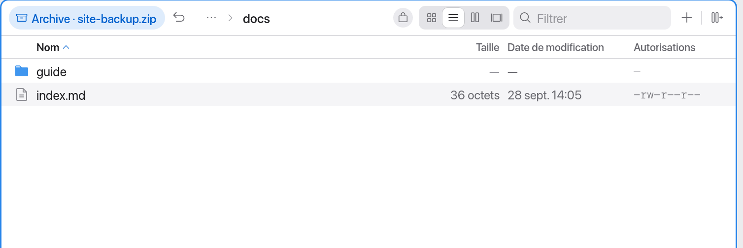 Une archive ZIP ouverte comme un dossier