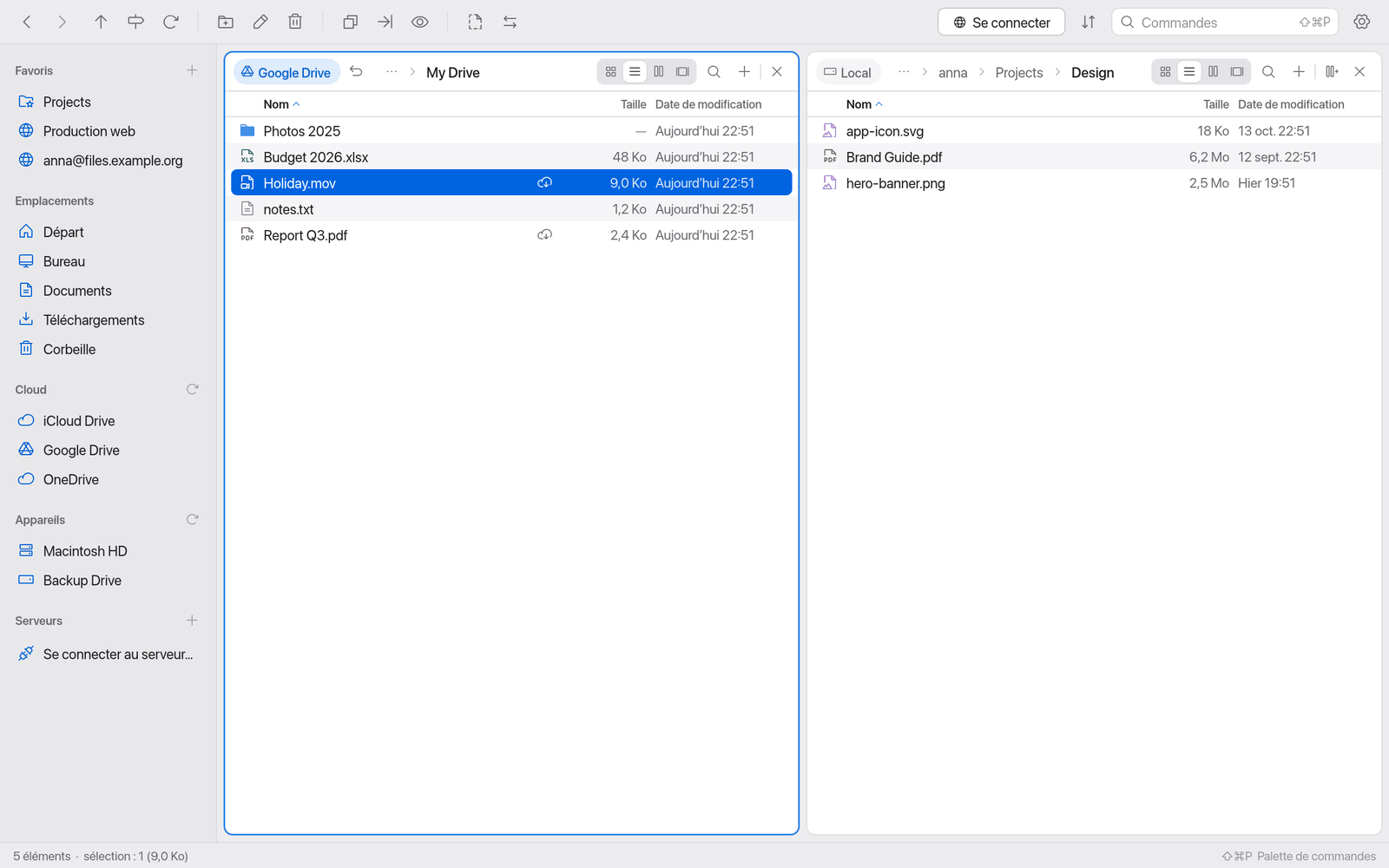 Section Cloud de la barre latérale et pastilles de synchronisation dans la liste