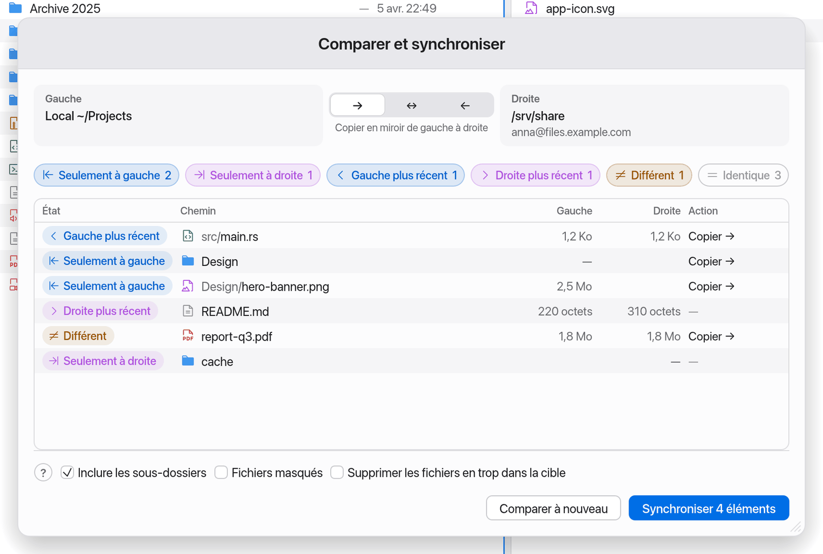 La fenêtre Comparer et synchroniser