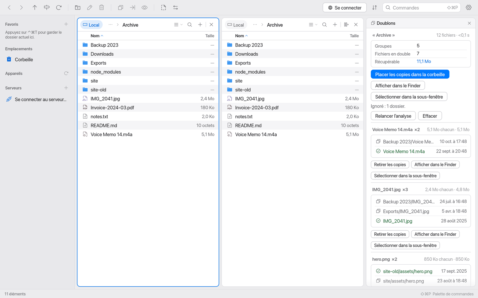Panneau Doublons avec des groupes