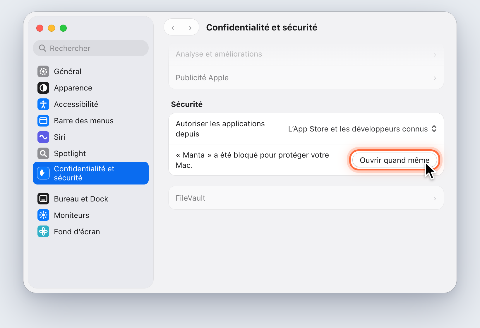 Réglages Système, Confidentialité et sécurité : le bouton Ouvrir quand même à côté de la remarque sur Manta