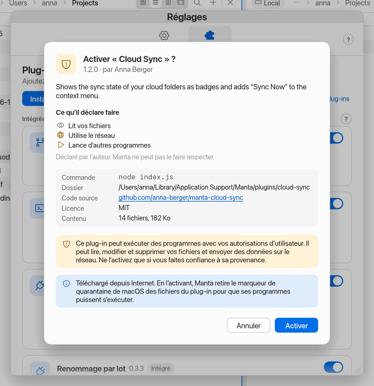 Confirmation lors de l’activation d’un plug-in externe