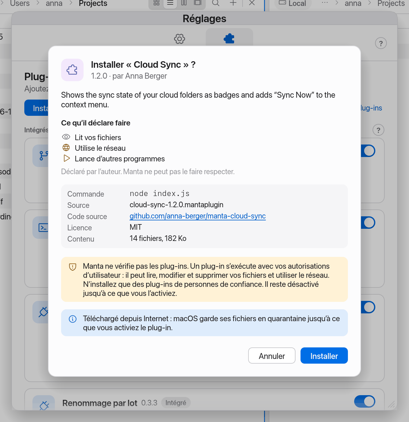 Récapitulatif avant l’installation d’un plug-in