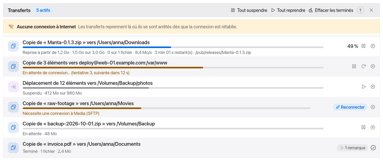 Transferts : une tâche suspendue et une en attente, bandeau « Aucune connexion à Internet »